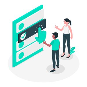 ilustración de dos personas armando una app en un tablero gigante
